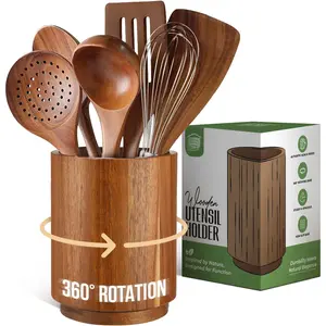 Acacia Wooden Utensil Holder for Kitchen Counter,  Utensil Holder Counter, Kitchen Utensils Holder with 360? Rotation, Non-Slip Large Utensils Holders, Spatula Holders