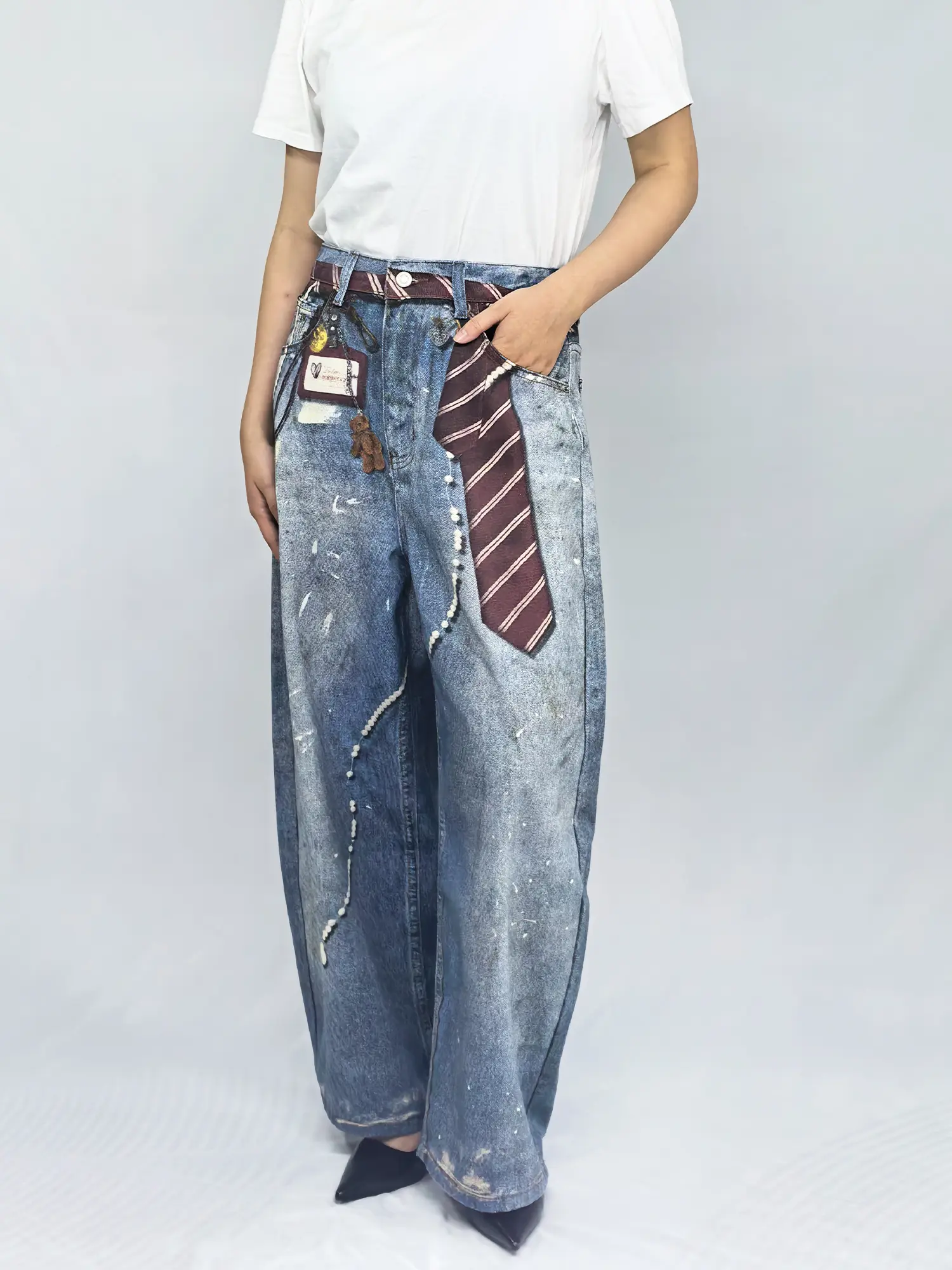 Lux Lee Women's Streetwear Baggy Jeans, High-Waisted Vintage Denim with 3D Graffiti Tie Print and Pearl Accents, Oversized, Bottom, Loose, 3D Print, Graffiti Jeans, Long Baggy Jeans