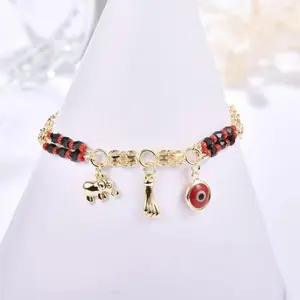 Viral Evil Eye Hamsa Bracelet - Gold Stainless Steel Elephant & Red Black Bead Charm Bracelet, Trendy Protection Jewelry for Women, Perfect for Everyday Luck Gift Birthday Beach Vacation & Casual Looks