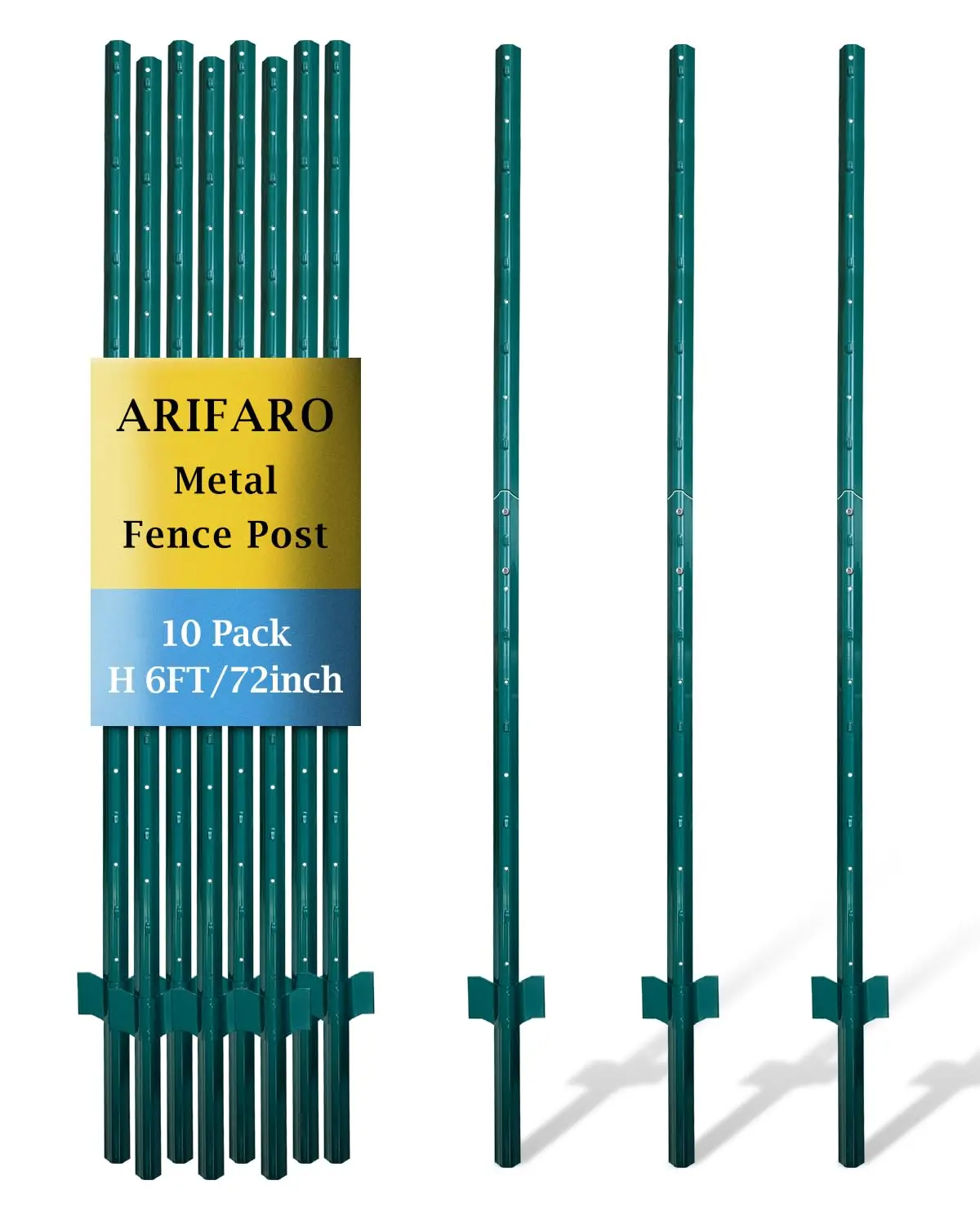 ARIFARO Metal Fence Posts 6 Feet assemblable,Pack of 10,Sturdy Duty No Digging Garden U Post for Wire Fencing Steel Poles for Yard, Outdoor