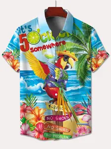 Men's Plus Size Beach Style Parrot 3D Print Hawaiian Aloha Style Shirt, Short Sleeve Casual Summer Shirt, Fitted Geometric Design, All over Print