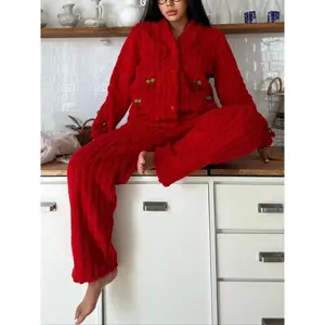 Women’s flannel pajama set, sweet winter warm home wear, long-sleeve top and pants with pockets, thickened fabric for fall and winter