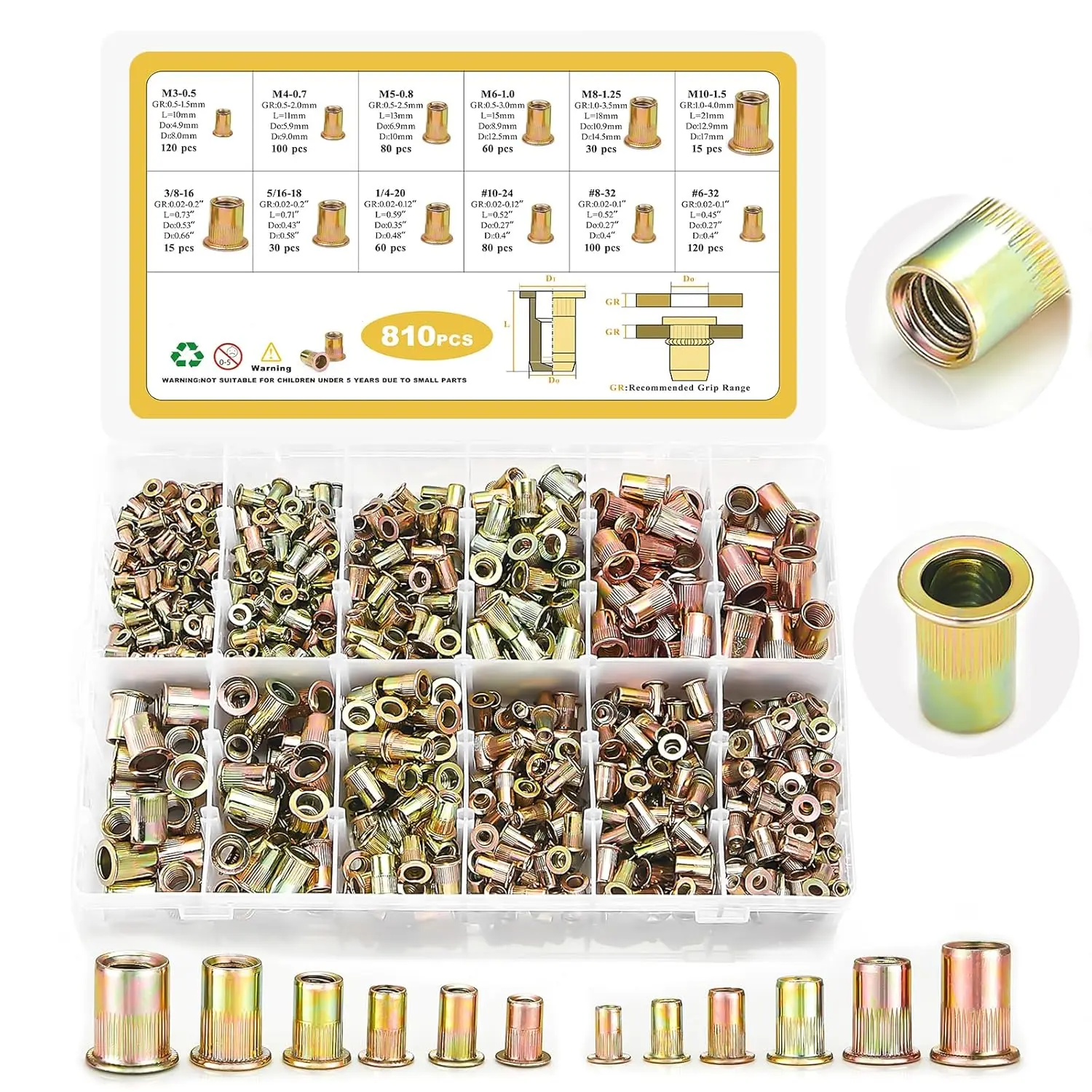 Rivet Nut Kit,  SAE & Metric Rivet Nut Assortment Kit Galvanized Carbon Steel Flat Head Threaded Insert Nuts, Sizes 6-32 8-32 10-24 1/4"-20 5/16"-18 3/8"-16 M3 M4 M5 M6 M8 M10