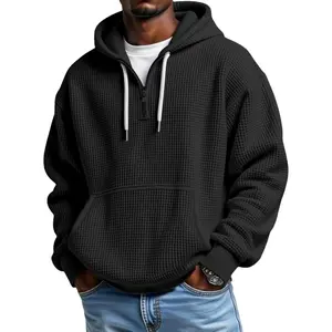 Men's Quarter Zip Hoodie Waffle Knit Hooded Sweatshirt Loose Fit Casual Long Sleeve Pullover with Pockets