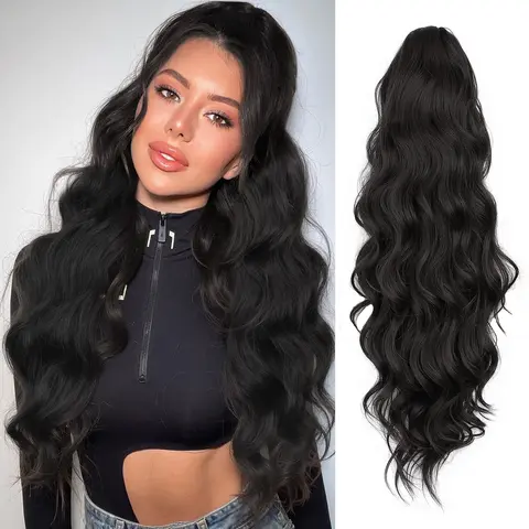 [ORSUNCER HAIR] Ponytail Extension 26 Inch Long Wavy Claw Ponytail for Women Dark Brown Pony Tail Hair Extension Synthetic Ponytail Hairpiece for Daily Use