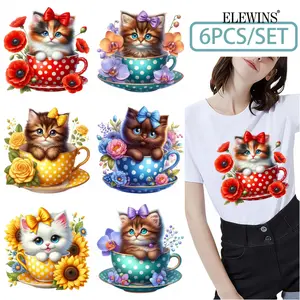 6-Pack Cute Cat Heat Transfer Stickers - Tabby, Tuxedo, and British Shorthair Patterns, DTF Heat Transfer Decals, Suitable for T-Shirts, Hoodies, Jeans, and DIY Crafts