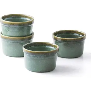 8 oz Oven Safe Ramekins Set of 4 Ceramic Baking Bowls for Creme Brulee Souffle Pudding Custard Ice Cream Dips Appetizers, Moss Green