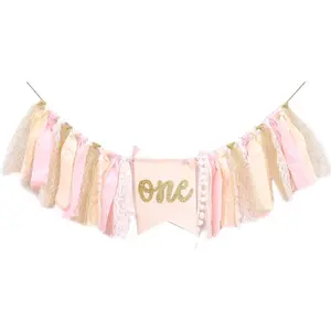 Highchair Banner 1st Birthday - Pink Happy Birthday Banner Party Decorations for First Birthday,Best Princess Photo Props for Baby Girl(Swan)