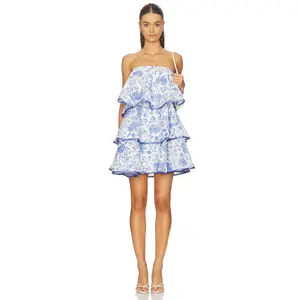 ELLIATT Elin Strapless Frilled Mini Dress in White & Blue
