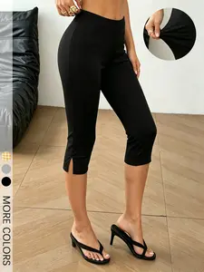 Women's Black Split Hem Capri Pants, High Waist Stretch Slim Fit Bottom, for Casual Daily Wear