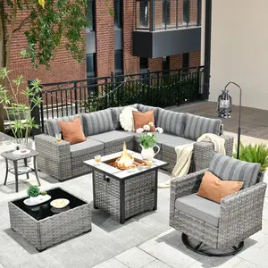 POUUIN 9 Piece Modular Patio Outdoor Sectional Furniture Set with Swivel Rocking Chairs, Wicker Conversation Sofa Set, Outside Couch Set with Wide Arm