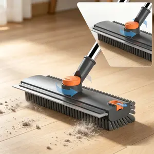 4-in-1 Heavy Duty Stainless Steel Floor Scrub Brush with Extendable Long Handle, 90-Degree Rotatable Stiff Bristles, Built-In Squeegee & Scraping Tweezer, Multi-Purpose Cleaner for Bathroom Tile, Kitchen, Garage Surfaces
