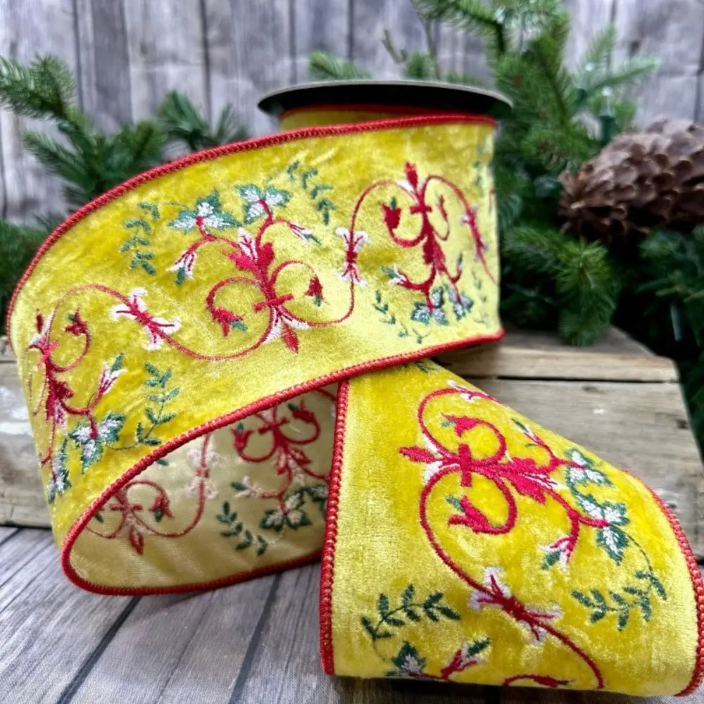 4"X1YD velvet embroidery trellis red pink floral, yellow