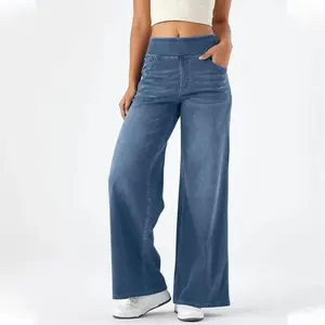 Baggy Jeans Women Pull On Wide Leg Jeans With Elastic Waistband High Waist Stretch Wide Leg Jeans Women With 4 Pockets Womenswear Bottom
