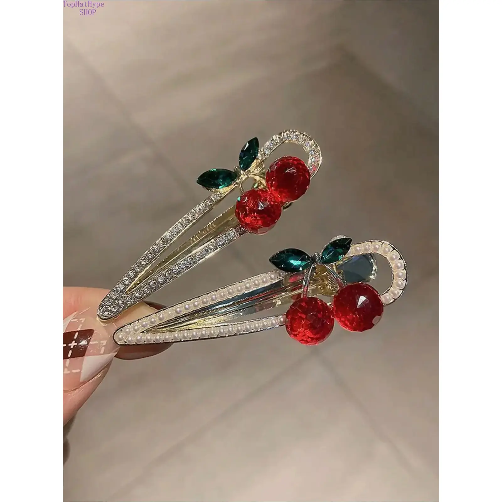 2-Pack Sweet Cherry Hair Clips for Girls, Faux Pearl and Rhinestone Barrettes, Cute Trendy Hair Accessories for Party and Casual Wear, Cute Hair Accessories