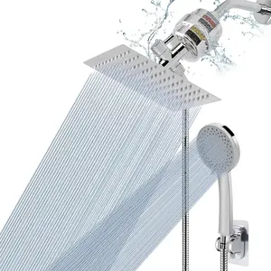 Filtered Shower , High  8?Square, 5 settings Handheld Rain Shower Filter Combo with Self-adhesive Holder/1.5M Hose -1 Replaceable Filter  (Chrome Finish)