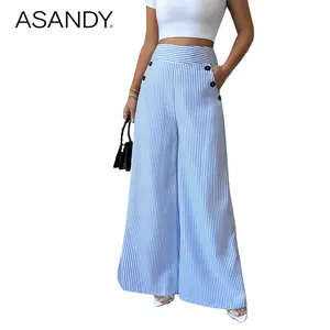 ASANDY Women's High Waist Striped Wide Leg Pants Double Breasted Button Decor Flared Trousers Lightweight Breathable Fabric Nautical Inspired Style Perfect For Office Work Brunch Dates & Casual Summer Looks