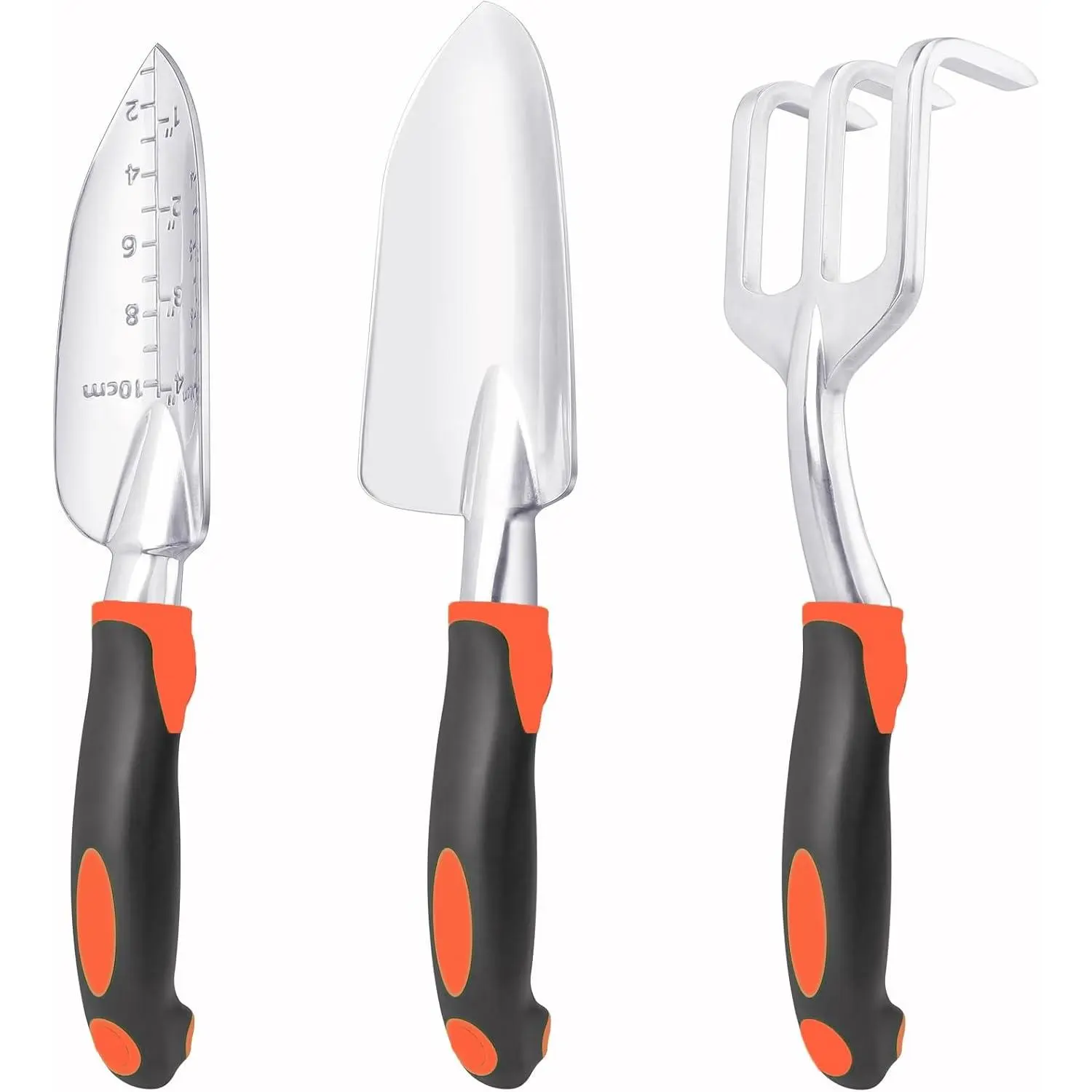 3-Pack Heavy-Duty Gardening Tools Set for Seniors - Garden Shovel, Transplant Trowel, Hand Rake with Ergonomic Handle, 0.08 Inch Thickness Aluminum Alloy, Graduated Scale, Easy to Carry & Store, Orange for Planting