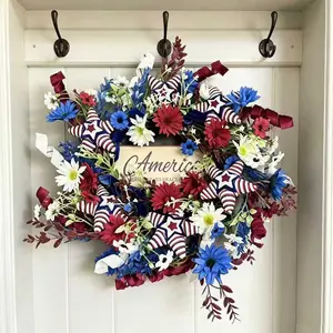 Elegant Patriotic Wreath, Blue Daisies, Star Striped Ribbon, American Signage, Independence Day and Memorial Day Decorations
