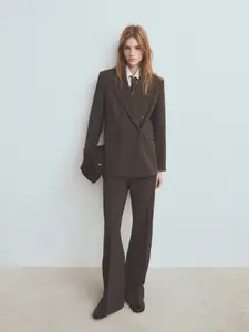 Mango Double-breasted Check Suit Jacket - Soft Grey Knitwear with Cable-knit Pattern & Lurex Accents for Style and Comfort