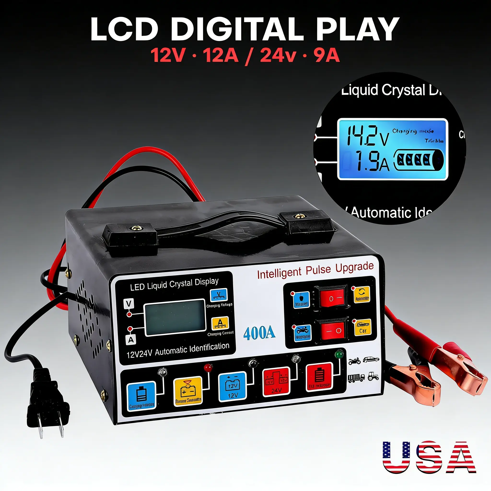400A Heavy Duty Smart Battery Charger - 12V/24V Automatic Pulse Repair & Trickle Charging, Durable Versatile for Cars, Trucks, Marine Batteries