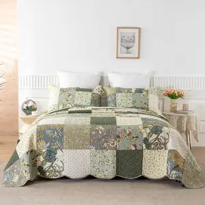 Quilt King Size Patchwork Bedspread Set - 100% Cotton Reversible Breathable Floral Quilted Quilt with Pillow Shams Fit All Season