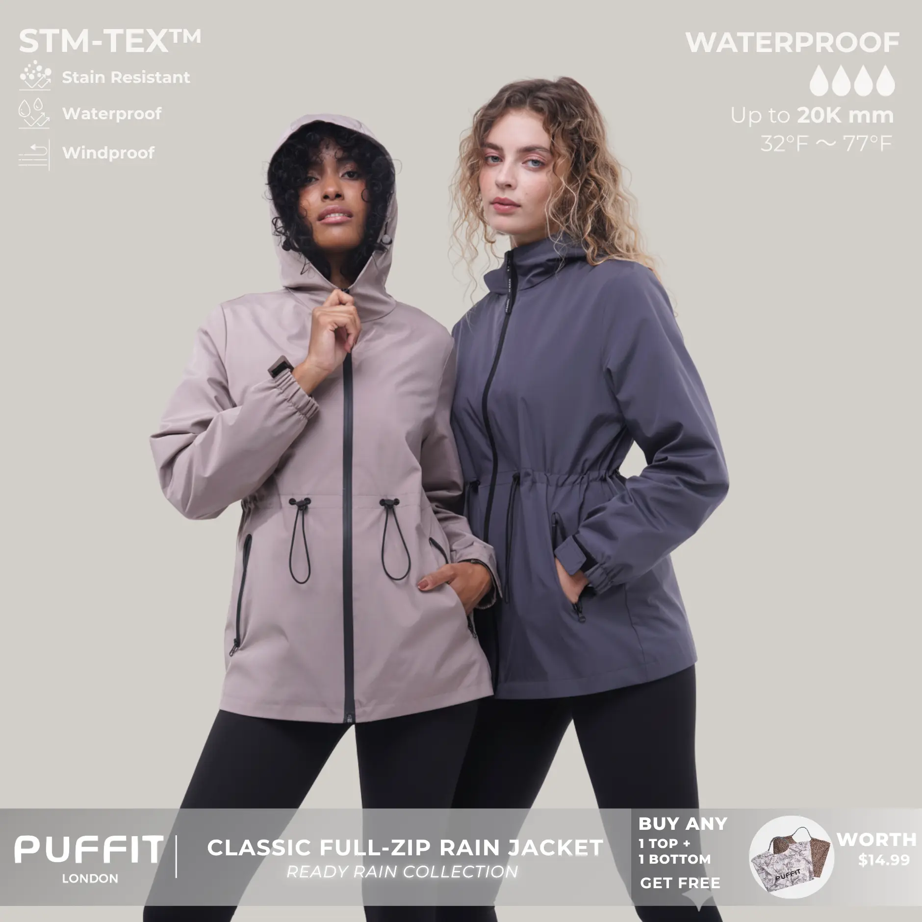PUFFIT STM-TEX Waterproof Lightweight Hoodie Jacket,Women's Warm Full Zip Rain Coat Adjustable Waist & Hood & Cuff Design Comfort Casual Inner Pocket,Out Door,Shell Jacket,Spring Jacket,Windbreaker,Dog Walking,School Running,Football Mum,Womenswear