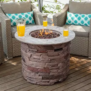 Outdoor Propane Concrete Fire Pit Table w Imitation Stone ,32-inch Round Fire Table, Stainless Steel Burner, Free Lava Rocks, Fits 20lb Tank Inside