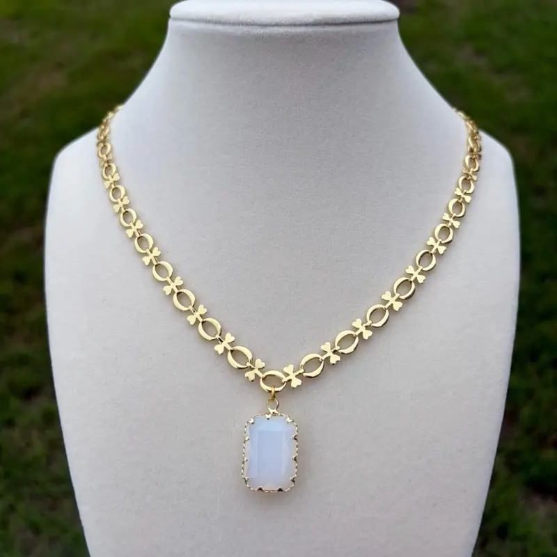 Opalite Dream Necklace with Gold Chain and Rectangular Opalite Pendant