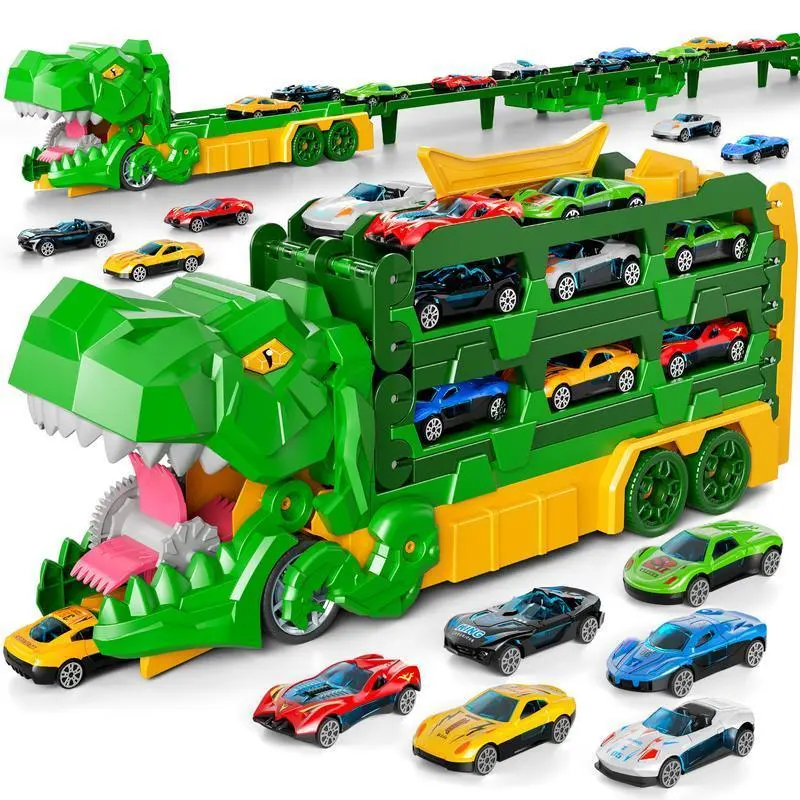 JJ Toys Foldable Transforming Dinosaur Truck Set - Transforming Toys, 12-Car Action Die-Cast Metal Vehicles, Slide-Forward Function, Car Track, High Quality Design, Unisex 4-6 Years Birthday/Christmas Gift