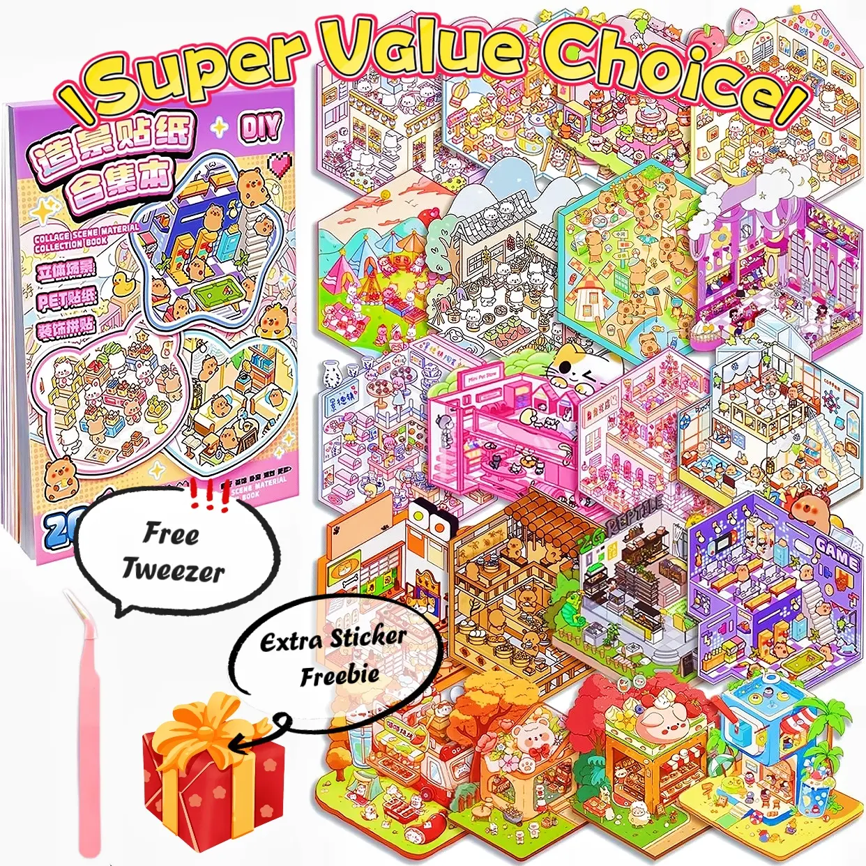 [Top Value Pick Sticker Scene Books] 10/20 Scenes in 1 Book, Tweezer and Extra Sticker Freebie Included, Miniature Room Sticker Pack, DIY Cute Stickers, Cartoon Sticker, Girly Favorite Gifts, Artistic Craft, Screen-Free Activity, Bedtime Routine