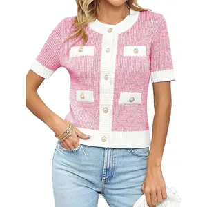 Womens Short Sleeve Button Down Cardigans Sweater Cropped Lightweight Crew Neck Elegant Tops