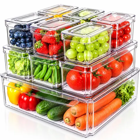 AISOON 10/14 Pack Fridge Organizer Bins with Lids, BPA-Free Clear Refrigerator Storage Containers, Stackable Food Storage Bins for Fruits, Vegetables, Pantry & Kitchen Organization