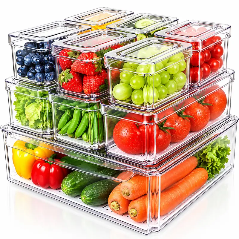 AISOON 10/14 Pack Fridge Organizer Bins with Lids, BPA-Free Clear Refrigerator Storage Containers, Stackable Food Storage Bins for Fruits, Vegetables, Pantry & Kitchen Organization