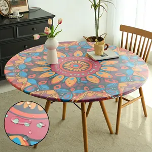 48 Inch Mandala Round Fitted Tablecloth with Elastic Edged, Ethnic Mandala Flower Leaves Pattern Round Table Cover Wipeable Waterproof Table Cloth for Kitchen Dining Wedding Party Picnic