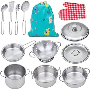 Pots and Pans Sets for Kids, Stainless Steel Cookware Toys Gift Set for Christmas, Pretend Play Kitchen Accessories, Role Play Educational Toys for Toddlers Boys Girls