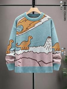 men's cartoon dinosaur print drop shoulder sweater, casual regular fit long sleeve round neck jumper for fall & winter, fashion men's knitwear for daily wear