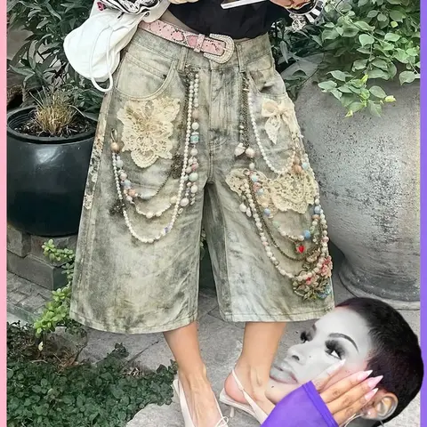 Women's Handmade Vintage Acid Wash Denim Jorts, Boho Lace Patch Pearl Chain Embellished, Baggy Wide Leg Shorts for Coachella