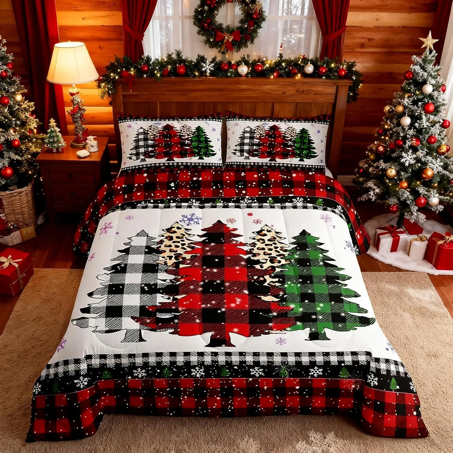 Christmas Snowflake Kids Comforter Set,Plaids Leopard Pine Tree Bedding Set,Girls Boys Adults Room/Xmas Cabin Decor,Holiday Rustic Down Comforter