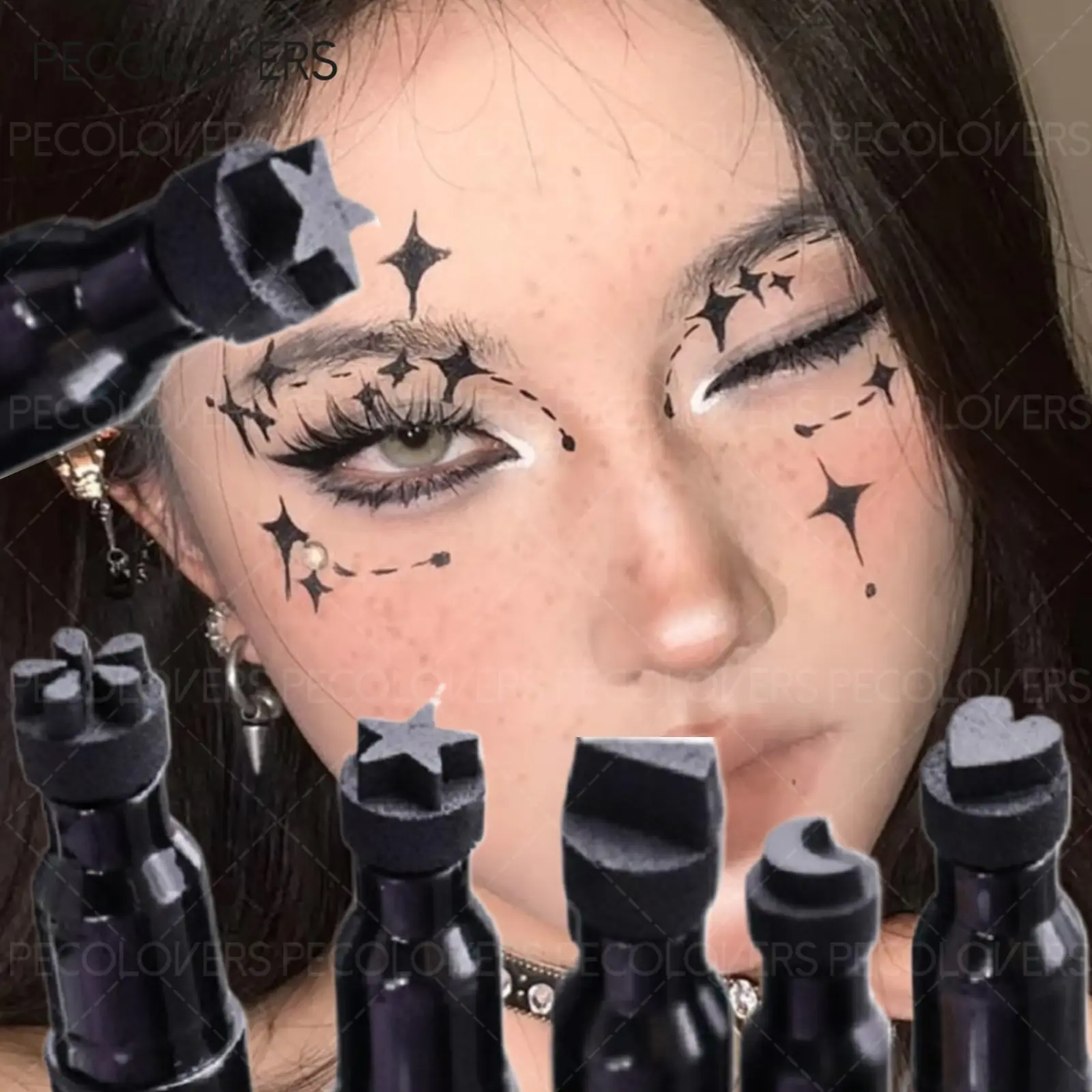 1PC Double-Ended Waterproof Eyeliner, Quick-Drying, Black Liquid Graphic Eyeliner, Enhance Eye Makeup, including with Heart, Moon, Butterfly, and Star Shape Stamp Pen, Eye Makeup Products, Dual Ended Eyeliner