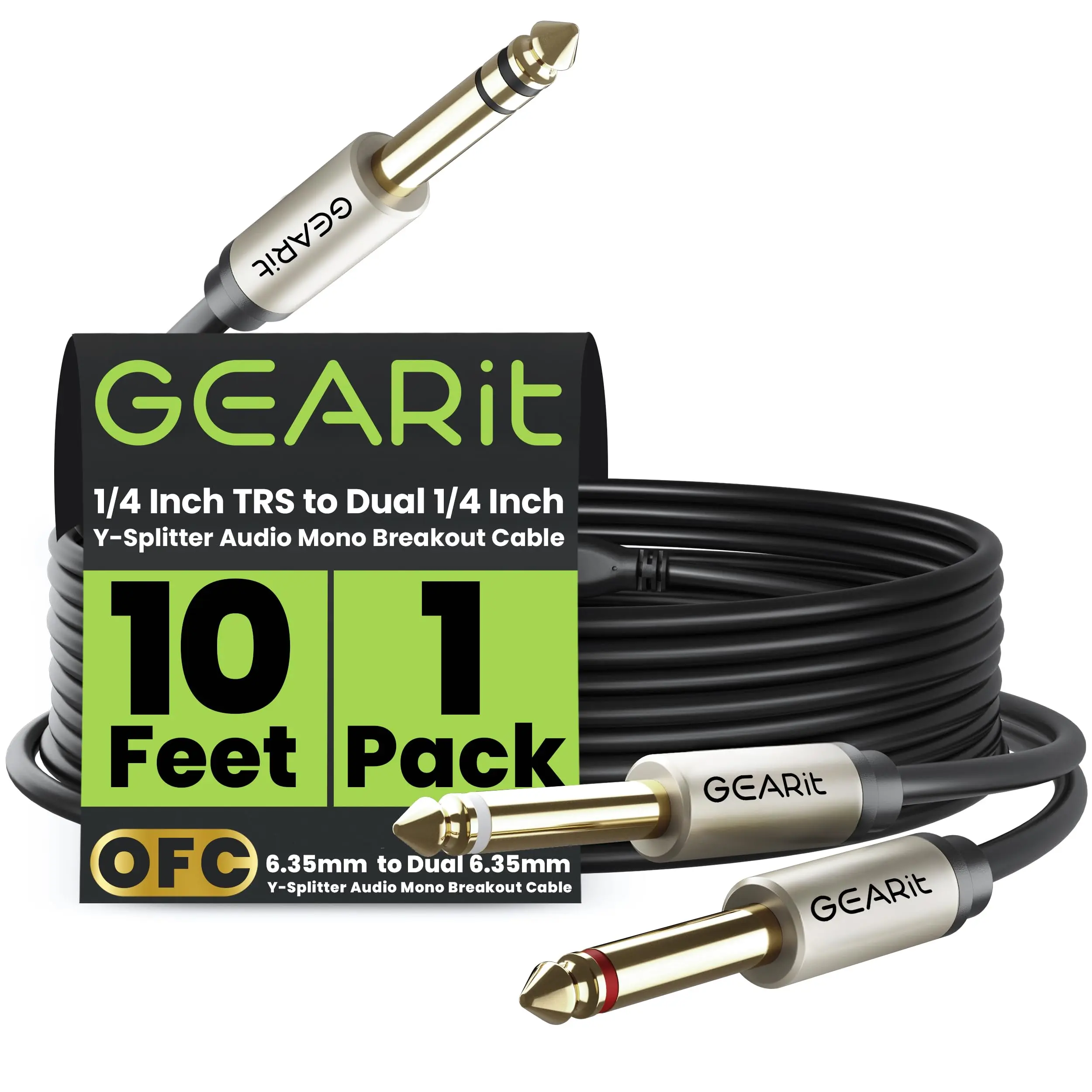 GearIt 1/4-in TRS Stereo to Dual 1/4-in Y-Splitter Mono Audio Jack Adapter (1 Pack), Heavy-Duty Housing, Braided Shielding, Gold-Plated Corrosion-Resist Plugs, High Fidelity, Plug-and-Play Black Accessory for Recording Equipment, Computers & Hi-Fi Gear