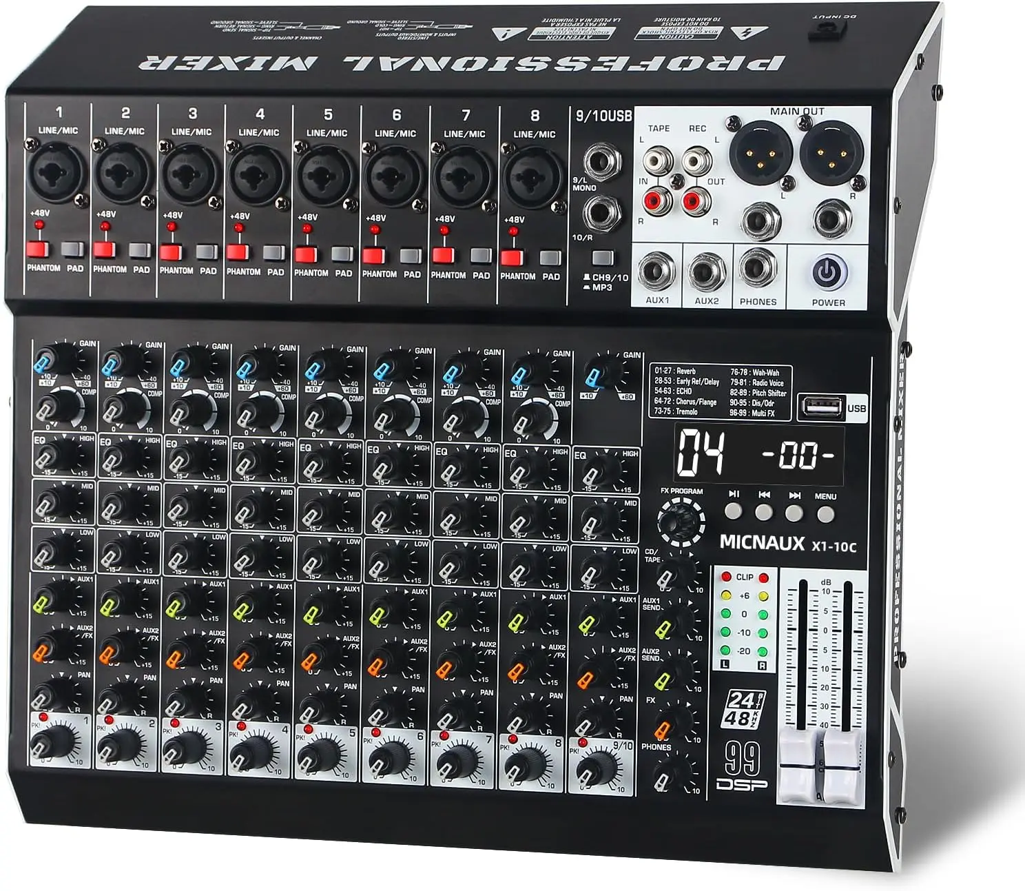 Professional Audio Mixer Console - 10-Channel, 99 DSP Effects, USB Connection, Bluetooth, 48V Power Supply, PAD Button, Karaoke System, 12-Channel Recording Option