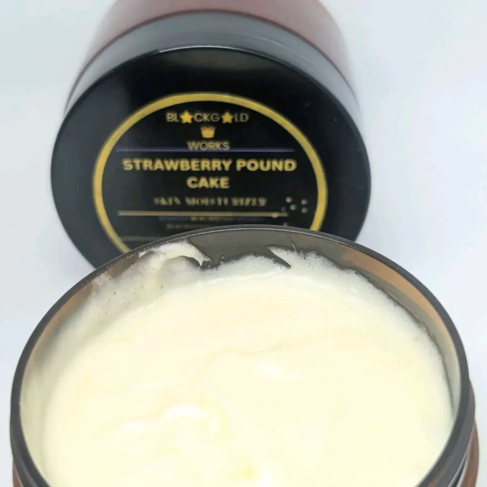 BlackGold Works Strawberry Pound Cake Skin Moisturizer. Packed with Aloe Vera, Jojoba oil, Olive Oil,  CASTOR Oil, & Shea Butter... For sensitive skin see our skin Clearing kit on our website. Daily Moisture for Complete Sensitive Skincare