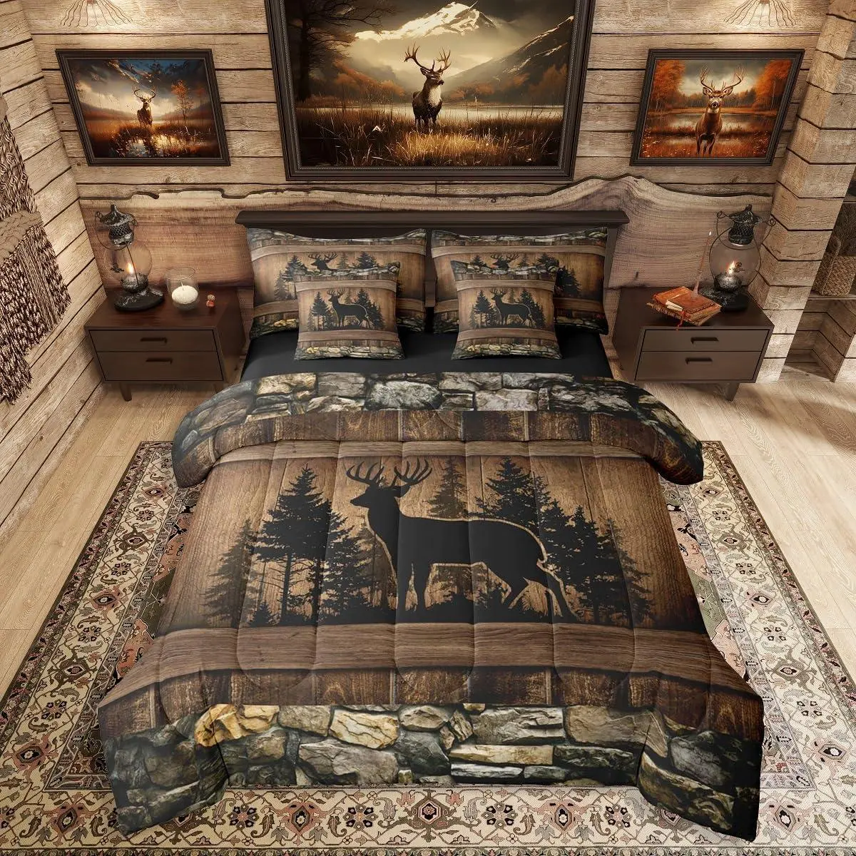 Feelyou 7-Piece Microfiber Decorative Bedding Set with Sheets - Ultra-Soft, Rustic Deer Hunting Wildlife Themed, Farmhouse Country Lodge Bed Comforter Quilt Set for Teen Boys (Multi-Size), Microfiber Bedding Set