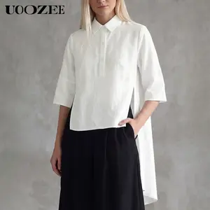 UOOZEE Women's Collared Soft Oversized Sheer Popover Blouse - White Nylon-Rayon Blend, Breathable Lightweight Loose Fit, Half-Button High-Low, Asymmetrical Side Slit, Minimalist Style Evening Workwear Casual Top (Size Down for Slim Look; Pair with Blazer)