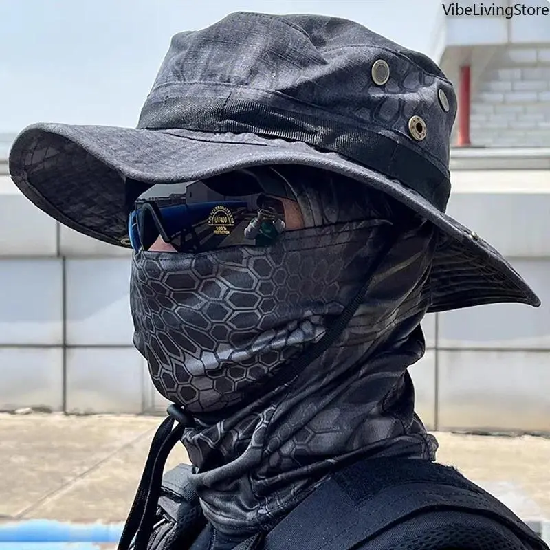 Men's 2-Piece Camouflage Boonie Hat & Balaclava Matching Set, 2‑Pc Set For Sun & Face, Wide Brim UPF 50+ Sun Protection Headwear, Windproof Foldable Outdoor Hunting Bag Accessory