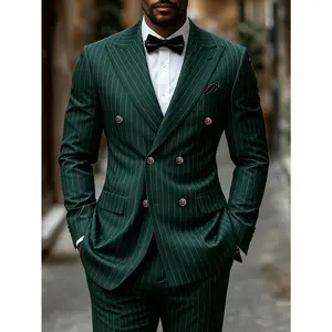 Men's Double Breasted Pinstripe Suit 2 Piece Set, Peak Lapel Blazer Jacket & Matching Pants for Business, Wedding, Prom & Formal Events