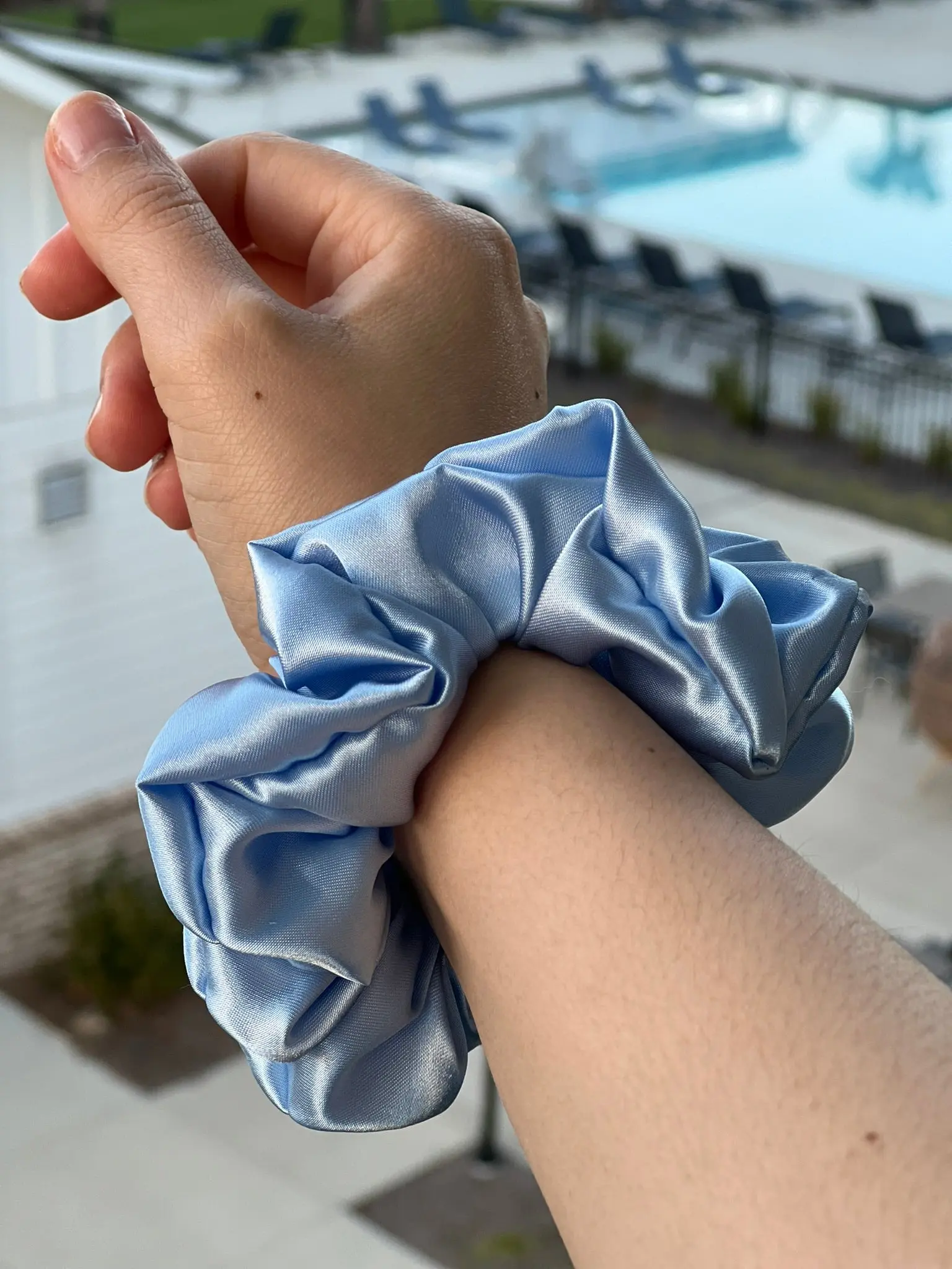 ISABELLE-REGULAR Light Blue Satin Scrunchie 5 Inches Handmade in South Carolina for All Hair Types