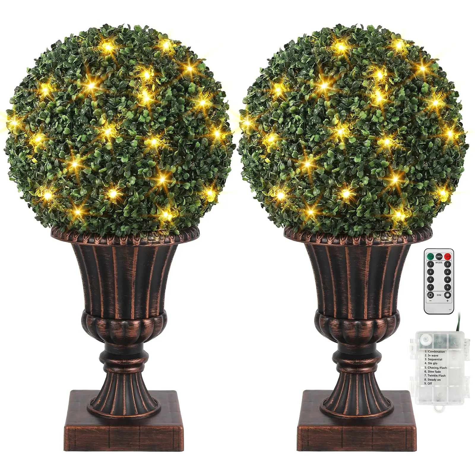 GARVEE 2pcs Artificial Boxwood Topiary Balls, 16" Faux Plant Topiary with Lights and Light Base, Perfect for Front Door, Outdoor Balcony, Backyard, and Home Decor in Red Copper