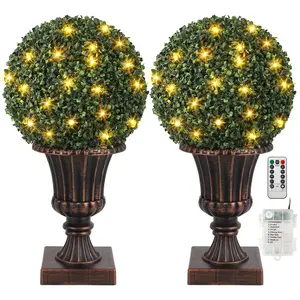 GARVEE 2pcs Artificial Boxwood Topiary Balls, 16" Faux Plant Topiary with Lights and Light Base, Perfect for Front Door, Outdoor Balcony, Backyard, and Home Decor in Red Copper